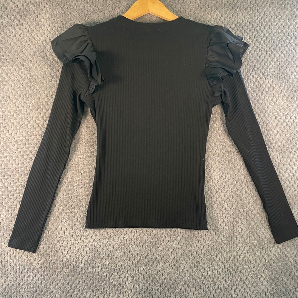 NWT Flying Tomato Happiest Here Black Knit Top Size M Ruffle Shoulder Ribbed - Picture 7 of 10